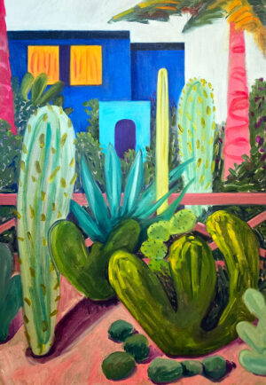 Semi-abstract landscape oil painting depicting the Majorelle gardens in Morocco.