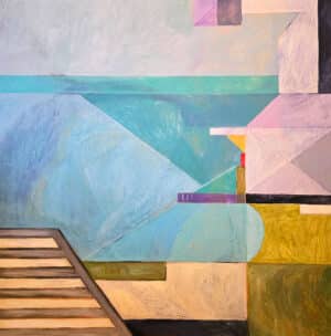 Large abstract seascape painting. Geometric shapes and colours reminiscent of the sea.