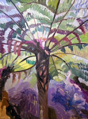 Colourful semi-asbtract landscape of a palm tree, with purples and greens.