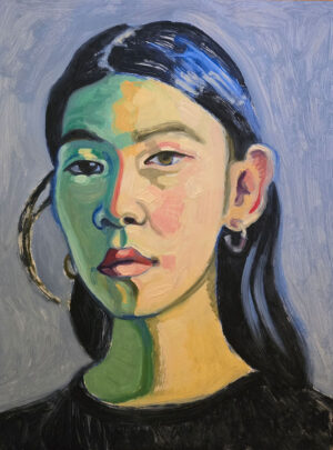 Contemporary portrait: painting of a young woman looking directly at the viewer, in non-traditional colours, with the left hand side of the face painted in greens.