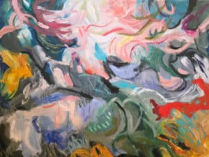Abstract art: painting with lots of flowing brushmarks and all the colours of the rainbow.