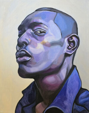 Contemporary portrait in oils: a young man looking suspisciously at the viewer, painted in blues and purples.