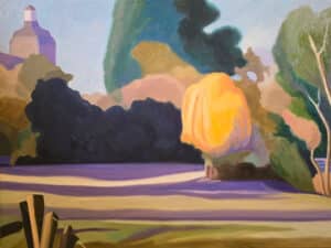 Colourful landscape painting in oils, depicting a tranquil landscape with a gold willow tree in the distance.