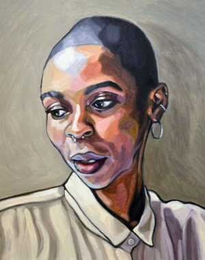 Contemporary portrait in oils - young woman looking away from the camera in a cream blouse with a nose ring.