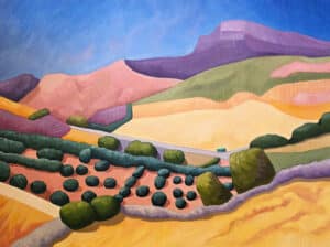 Colourful semi-abstract landscape painting of an olive grove in Andalucia, Southen Spain.