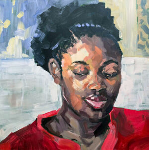 Portrait in acrylics: image of a young woman in a red top.