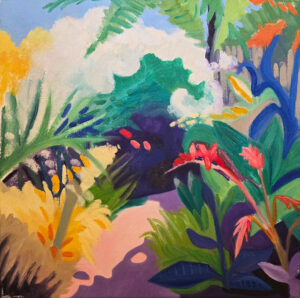 Semi-asbstract landscape oil painting in bright colours of a sunlit path leading into a tropical garden