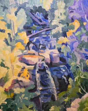 Colourful semi-abstract landscape painting of a waterfall, featuring mauves and yellows.
