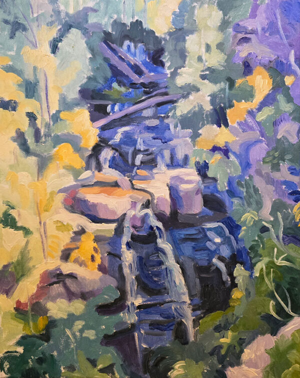 Colourful semi-abstract landscape painting of a waterfall, featuring mauves and yellows.