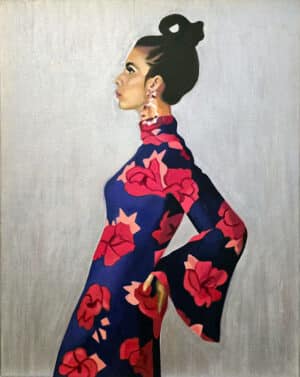 Contemporary fashion portrait -painting of a woman in profile wearing a purple and red printed dress, based on a fashion photo from the 1970s.