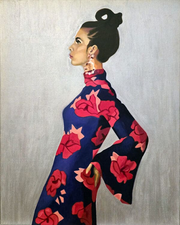Contemporary fashion portrait -painting of a woman in profile wearing a purple and red printed dress, based on a fashion photo from the 1970s.